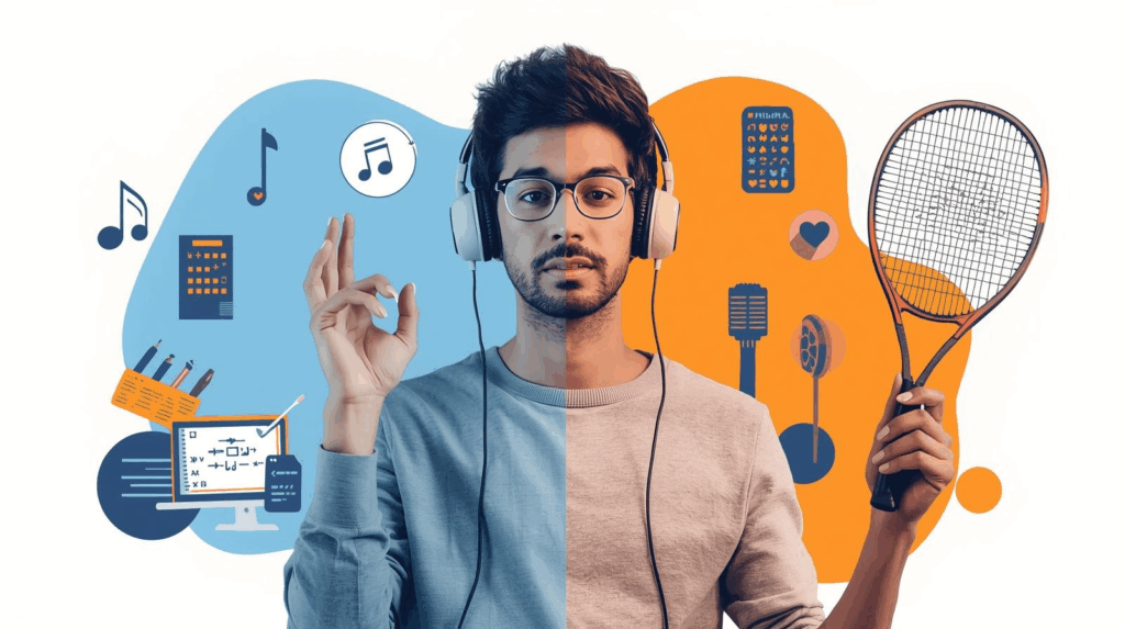 ヘッドホンで英語を聞き流す人と実際に声を出して練習する人の対比イメージ、英語学習の受動的方法と能動的方法の違い