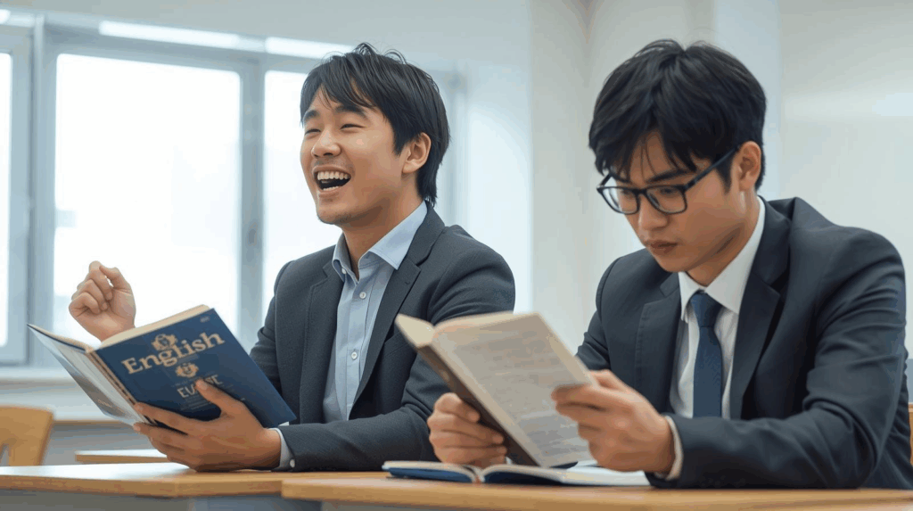 英語の教科書を音読する学生と黙読する学生の対比、音読の効果と重要性、声に出して英語を読む様子