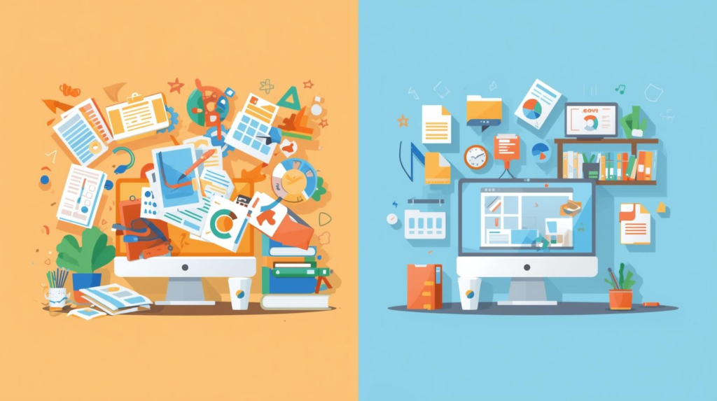 AIツールClaudeのProject画面、散らかったファイルと整理されたファイルの対比、デジタル整理整頓の重要性、効率的な作業環境