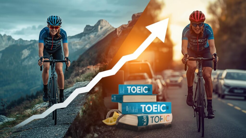 自転車で坂道を登るイメージ、目標達成のための継続力、英語学習TOEIC800への道のり、いろは坂を自転車で登った経験